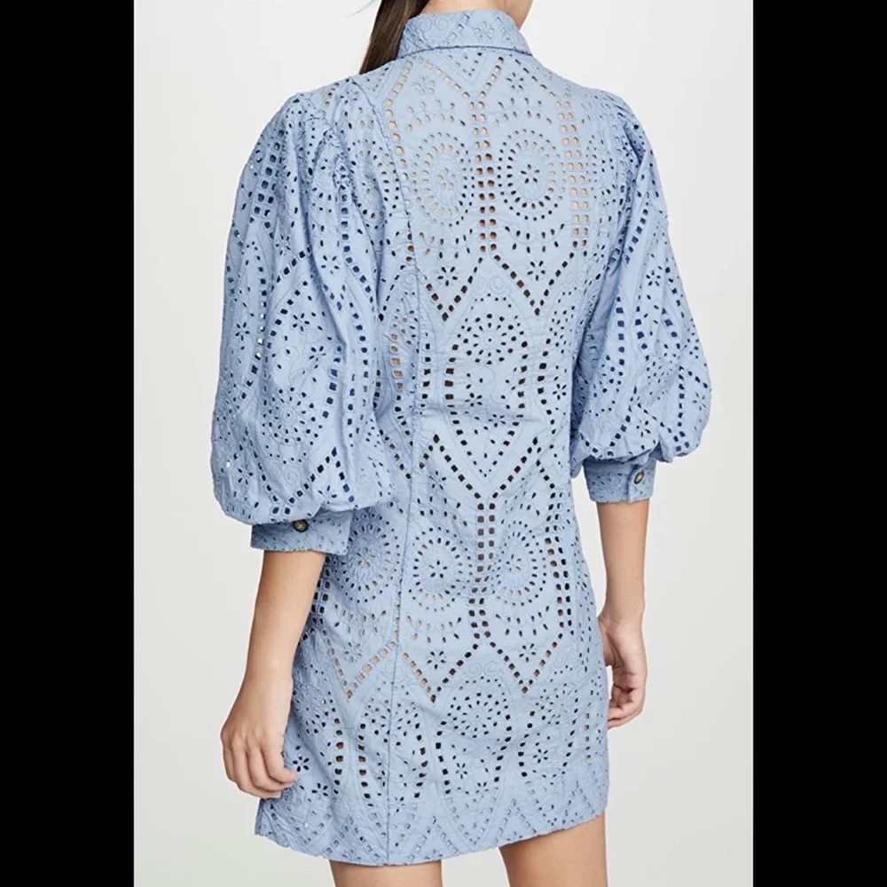 Ganni NWT Balloon-Sleeve Broderie Anglaise Mini Shirt Dress (Size 34) - Picture 6 of 8